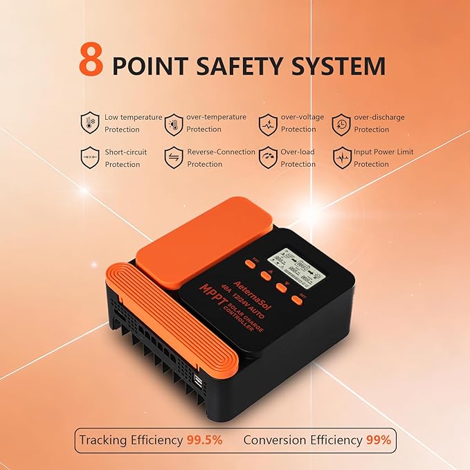 Solar Charge Controller 40A Charge Controllers 12/24V MPPT Solar Charge Controller with Adjustable LCD, Timer, Dual USB, Max Input 100V for LiFePO4/AGM/GEL/FLD Batteries (Orange)