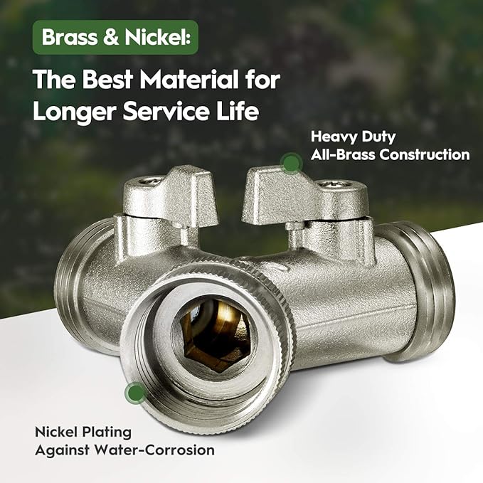Nickel Plated Solid Brass Garden Hose Splitter, Heavy Duty 2 Way Y Faucet Adapter with Dual Shut Off Valves, Leak Proof 3/4 Inch Hose Bib Spigot for Outdoor Watering, Includes 3 Extra Washers