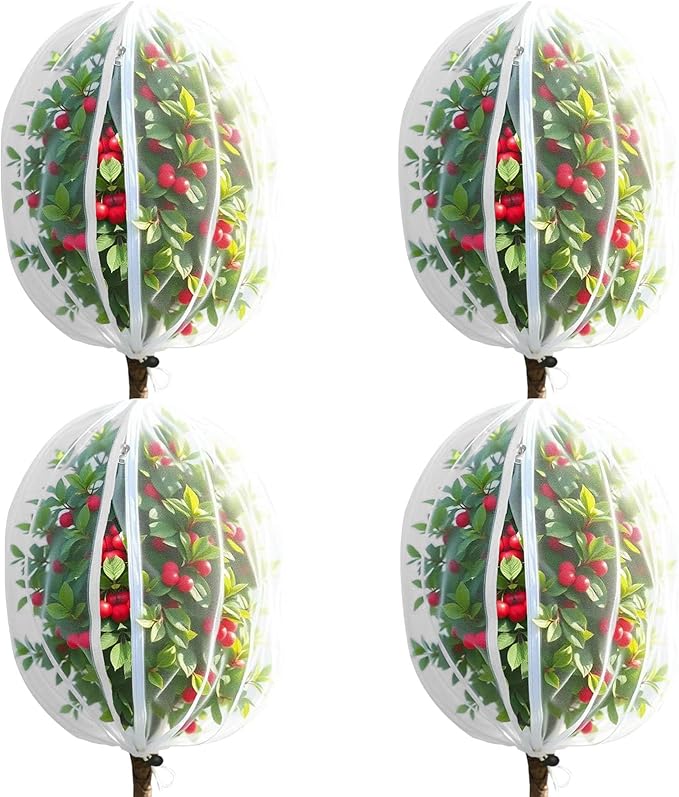 4 Pack Fruit Tree Netting Covers with Zipper & Drawstring – 3.3x4.6FT Ultra-Fine Mesh Garden Netting – Insect & Bird Barrier for Tree, Plant & Crop Protection