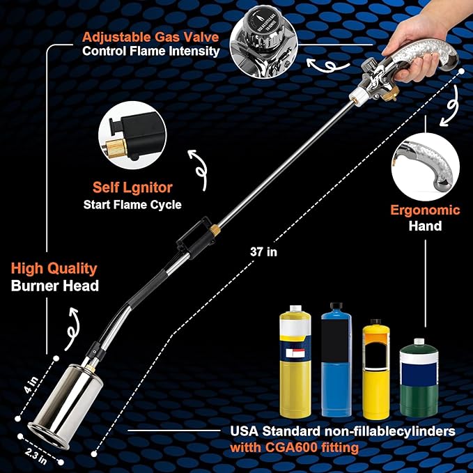Propane Torch Weed Burner,37" Extended Blow Torch with Flame Control Valve, Flame Thrower Detachable Long Arm,Burner Torches for Outside, Yard,Garden,BBQ,Weeding,Wood,Melting Snow