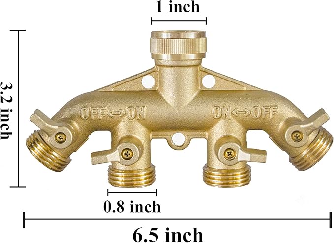 Hourleey Brass Garden Hose Splitter (4 Way), Solid Brass Hose Connector 3/4", Hose Spigot Adapter 4 Valves with 4 Extra Rubber Washers