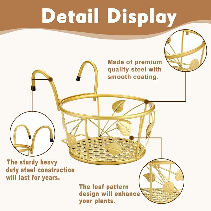 3 Pack Hanging Planter Holders, Golden | Heavy Duty Metal, For Balcony Railings, Indoor Outdoor Use, Deck Fence Garden Patio Porch