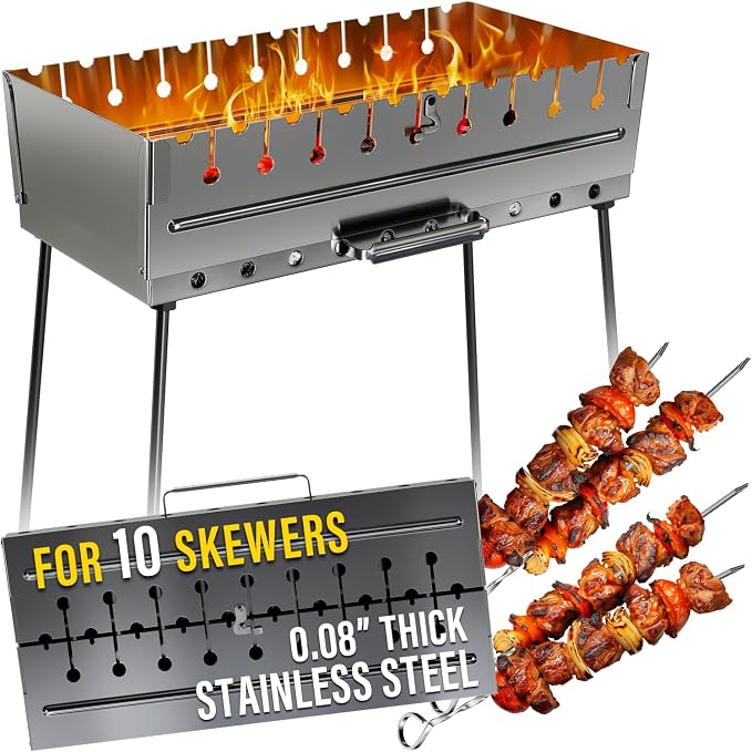 Stainless Steel Charcoal Grill for 10 Skewers – Portable BBQ 20.87"×9.45"×20.87" – Foldable Kabob Mangal – Durable Rustproof Grill for Picnic & Camping