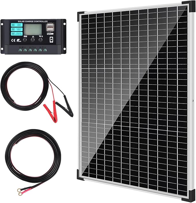 TBER 50W/12V Solar Panel Kit with 10A Charge Controller, Monocrystalline Solar Battery Trickle Charger Maintainer for Automotive Motorcycle Boat Marine RV Camping RV Farm Other Off-Grid Applications