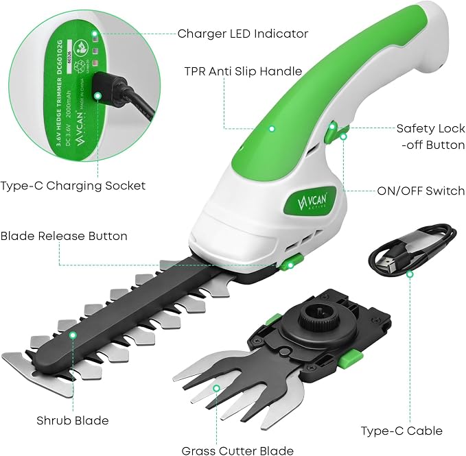 2-in-1 Cordless Hedge Trimmer, Handheld Hedge Trimmer & Cordless Grass Shear with 2.0Ah Rechargeable Battery and Type-C Cable – Electric Grass Trimmer for Garden, Yard, and Lawn