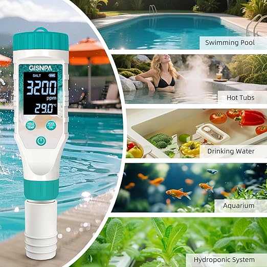 Digital Pool Water Tester, Chlorine Tester & Pool Salt Tester, Pool pH Tester 7 in 1 FAC Digital Salinity Tester for Saltwater Aquarium Sodium Chloride Swimming Pools Hot Tubs Spas
