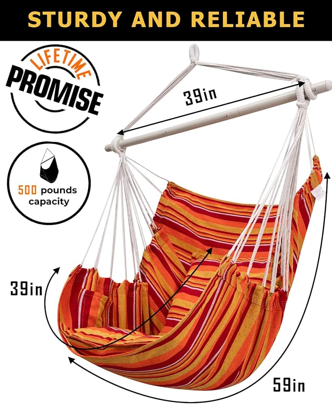 ADVOKAIR Hammock Chair Hanging Chair Swing Large Indoor with Anti-Slip Steel Spread Bar and Pocket-Max 500lbs-2 Cushions, Perfect for Bedroom,Outdoor,Patio, Porch,Backyard