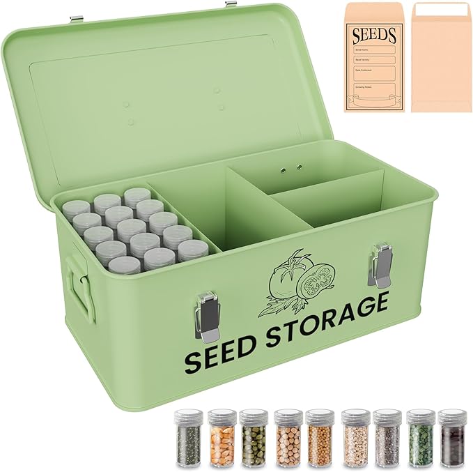 Seed Storage Organizer Box, Metal Seed Box, Garden Seed Organizer with Lid, Seed Containers Storage with 4 Compartments, 30 Seed Holder Organizers, 100pcs Seed Envelopes (Green)