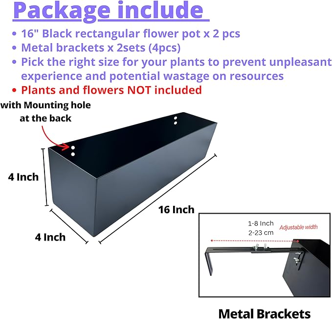 LaLaGreen Railing Planter Box (16 Inch, 2 Pack) Black Metal Rectangular Hanging Flower Boxes with Brackets, Planters for Outdoor Deck Railings Fence Over Rail Balcony Patio Porch Modern Garden Decor