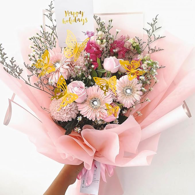 Tetutor 206 Sheets Waterproof Flower Wrapping Paper,Bouquet Wrapping Paper Sheets, Floral Wrappings Papers Bouquet with Ribbons Flower Pins 3d Butterflies and Crowns for Florist Wrap Back Pink