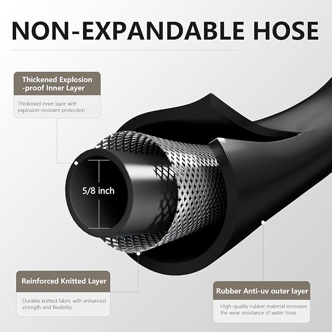 Garden Hose 5/8" x 10ft Brass Rubber Heavy Duty Water Hose 600 PSI Burst Pressure, Durable Flexible Hose for Yard, Car Wash, Pets Black
