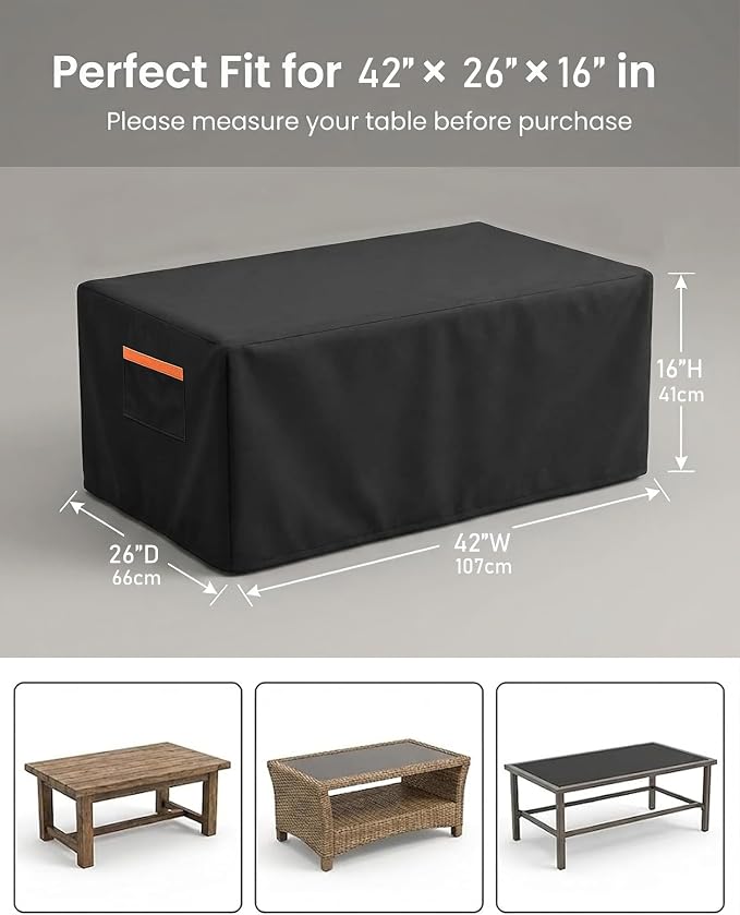 Patio Coffee Table Cover, Waterproof Outdoor Furniture Cover Heavy Duty 600D with Windproof Buckles, UV & Fade Resistant All-Weather Protection for Rectangular Patio Tables 42 x 26 x 16 Inch, Black