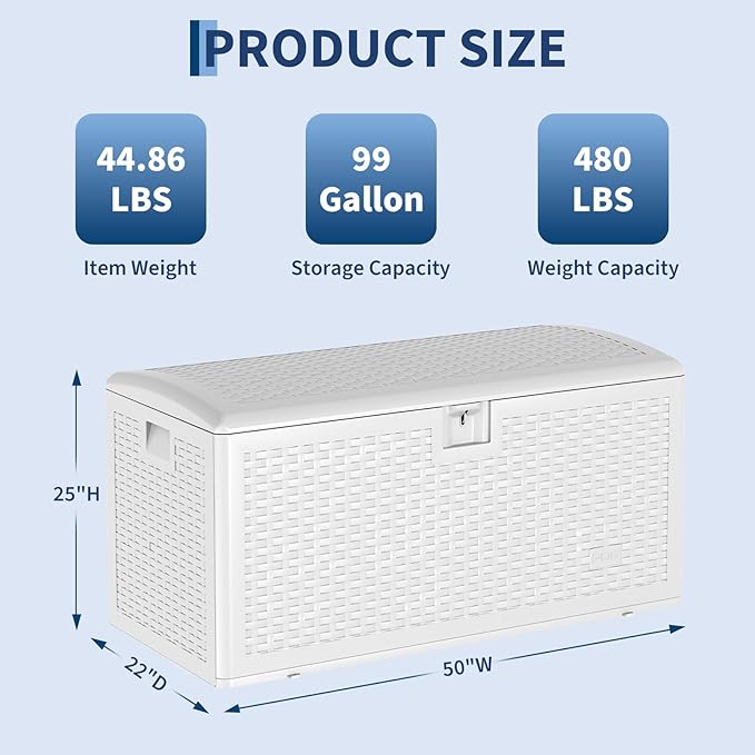 99 Gallon Waterproof Large Resin Deck Box Indoor Outdoor, Lockable Storage Container for Patio Furniture Cushions, Throw Pillows, Garden Tools, and Pool Floats, White