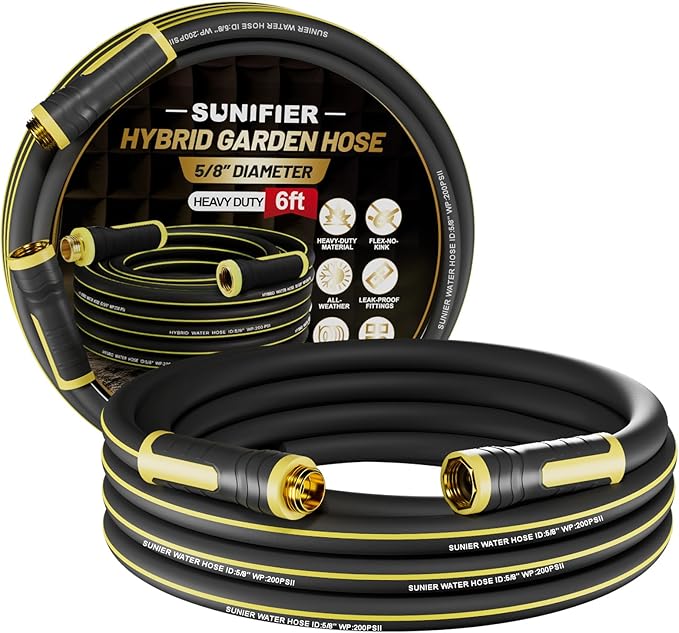 6 ft Leader Hose Extension, Hybrid Rubber Short Garden Hose, Heavy Duty Kink-Free Water Hose, 6-Layer Reinforced, 600 PSI Burst Pressure, All-Weather Flexible (Black,6 ft)