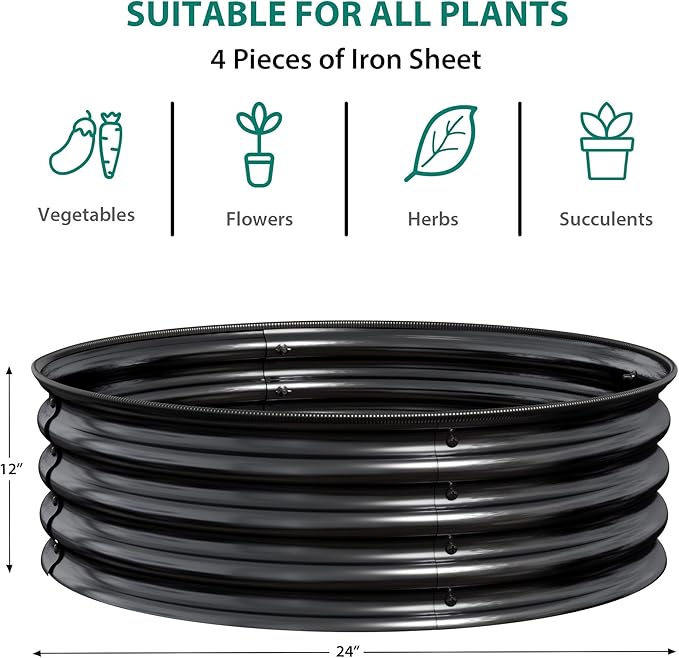 Garvee Round Raised Garden Bed, 2PCS 2 x 1ft Galvanized Raised Boxes with Rust-Resistant, Easy Assembly, Safe Edge, Metal Garden Bed Kit for Planting Vegetables, Fruits, Flowers, Black
