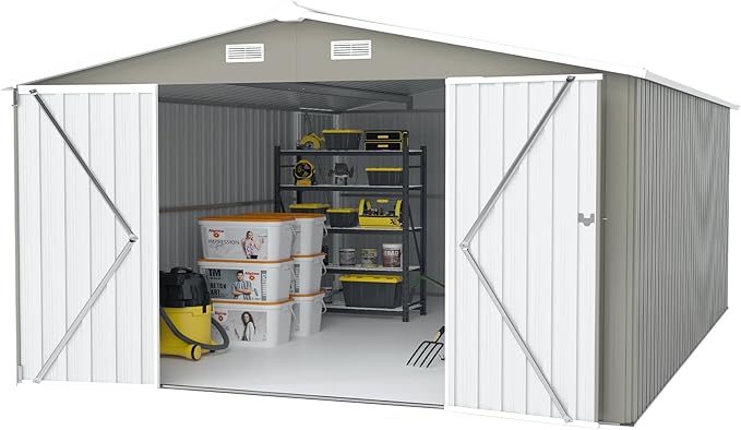 YOPTO 10x14 FT Outdoor Storage Shed, Extra Large Metal Garden Shed with Waterproof Roof, 4 Vents and 3 Lockable Doors,All-Weather Tool Shed Storage House for Backyard, Patio, Lawn,Light Grey