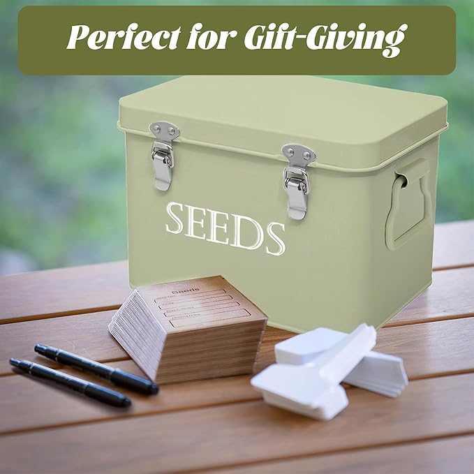 Seed Storage Box, Professional All-in-one Kit with 2 Pens, 20 Plant Labels and 50 Seed Envelopes, Metal Storage Organizer, Saving Box, Seed Packet Container, Green