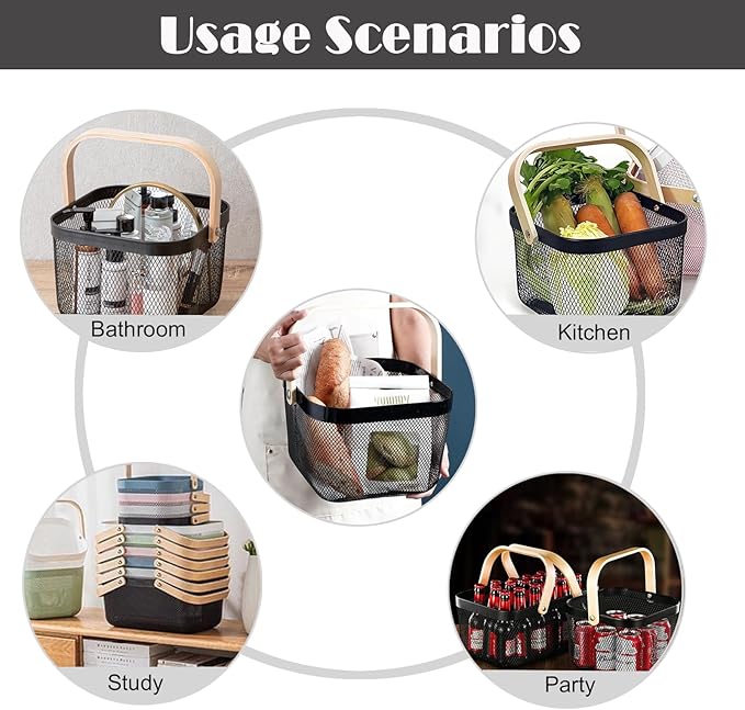 2 Pack Metal Picnic Baskets,Garden Basket,Metal Mesh Garden Harvest Basket with Foldable Wooden Handle,Storage Organizer Basket Hanging Kitchen Baskets Fruit Basket