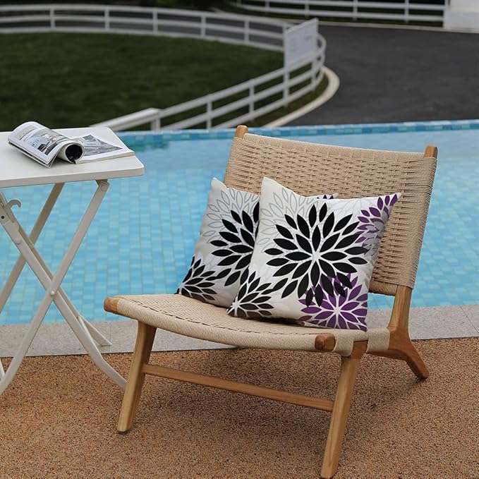 DFXSZ Black Purple Flower Pillow Covers 18x18 Inch Set of 2 Outdoor Throw Pillows Outdoor Waterproof Decor for Living Room Sofa Patio Funiture Garden Floral Polyester Pillow Covers 002Q18