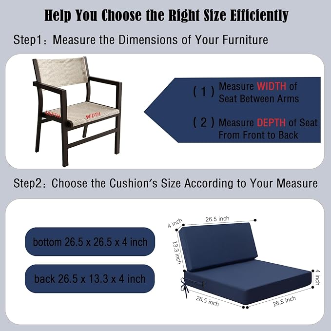 idee-home Outdoor Chair Cushions for Patio Furniture, Outdoor Seat Cushion | Waterproof Couch Hampton Bay Deep Seat Replacement Chair Cushions for Garden Backyard Deck 26.5 x 26.5