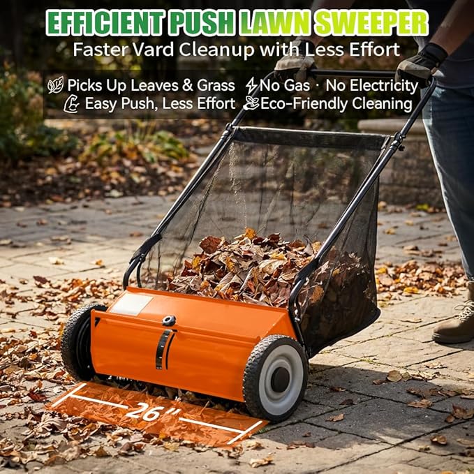 PPOLB 26" Push Lawn Sweeper, 7 cu.ft Large Capacity Yard Sweeper Push, 5:1 High-Density 4 Brushes, Adjustable Height, Heavy Duty Leaf Collector with Detachable Hopper, Rubber Wheels, Ergonomic Handle
