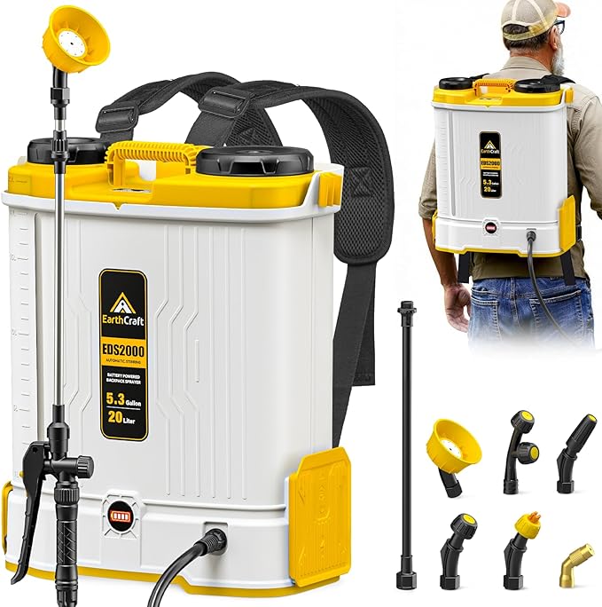 Battery Powered Backpack Sprayer 5.3Gal Compatible with DeWalt 20V Battery(NOT Included), Equipped with Mixing System, Backpack Garden Sprayer with 6 Spray Nozzles for Lawn, Garden, Yard