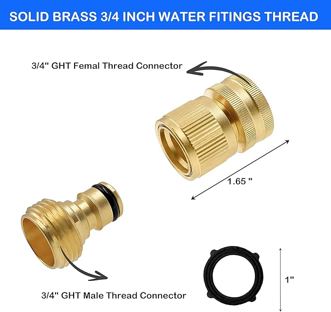Hourleey Garden Hose Quick Connector, Solid Brass 3/4 Inch GHT Thread Garden Quick Connect Kit, Male and Female No-Leak Water Hose Fittings (8 Set)