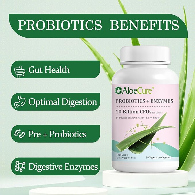 AloeCure Daily Probiotics 10 Billion CFU for Digestive Support 8 Strains, 6 Prebiotics & Enzymes - Digestive Supplement with Bromelain for Women & Men - Gut Support, Digestive Relief, 30 Caps x 3btls