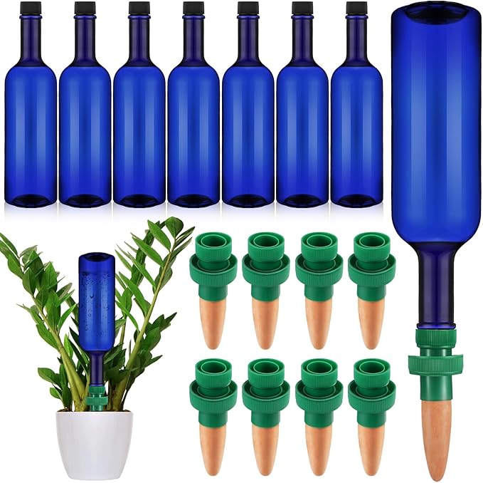 SiliFine 8 Set Plant Watering Devices Include Self Watering Spikes and 26 oz Plastic Bottles Plant Waterer Devices with Adjustable Control Valve Switch Indoor Outdoor (Blue)
