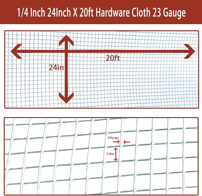 Galvanized Hardware Cloth 24in X 20ft, 1/4 Inch 23 Gauge Galvanized After Welding Square Mesh, Wire Mesh, Chicken Wire Fence, Rabbit/Snake Fences - Metal cage for Protecting Vegetables, Garden & Home