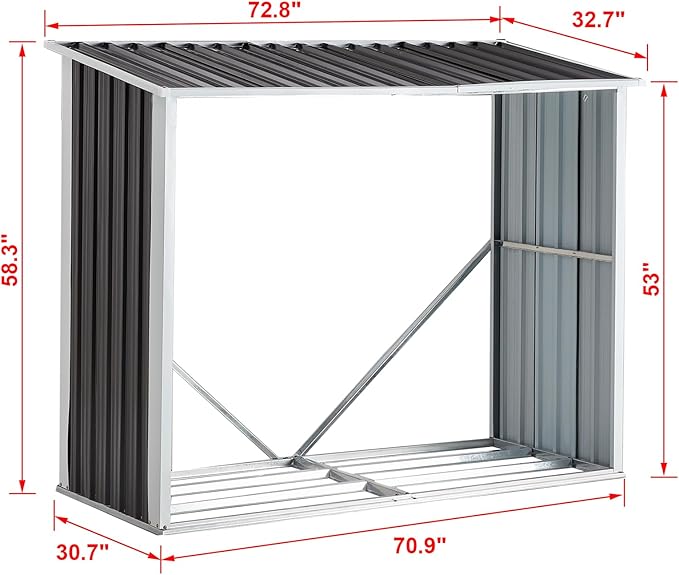YOPTO 68" Galvanized Steel Firewood Rack,Log Holder with Roof,Storage Shed w/Vents,Backyard Garden Patio Porch for Shovels,Umbrellas,Antennas,Escalators,Dark Gray