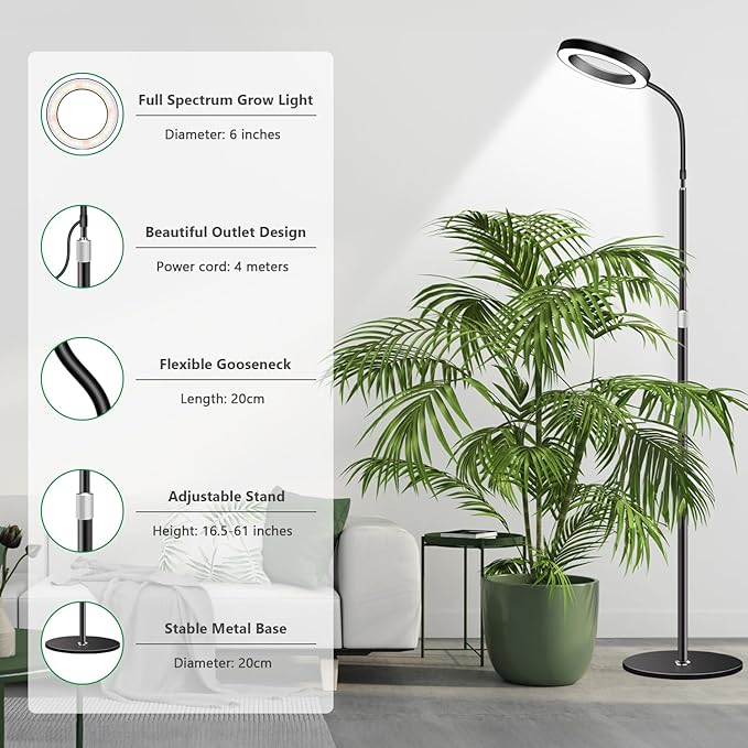 Aumtrly Grow Lights for Indoor Plants, Full Spectrum Floor Standing Plant Lights with 68" Stand for Growing Large Tall Plants, Black Halo LED Plant Grow Light with 6/12/16H Timer