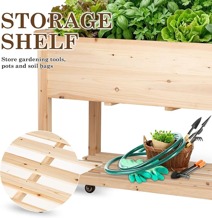 Raised Garden Bed with Lockable Wheels, 40x24x32 inch Elevated Wood Planter with Storage Shelf Protective Liner for Vegetable Flower Herb Outdoor Balcony Patio Backyard, Natural
