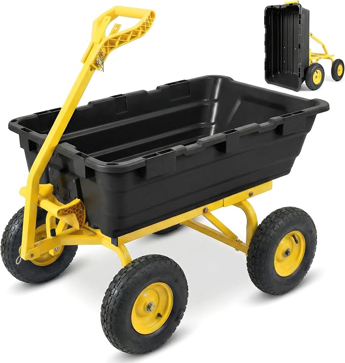 Sekey 1400lbs Garden Dump Cart for Lawn & Landscaping, Towable Utility Wagon with Quick-Release Dumping, 10" All-Terrain Tires, Black