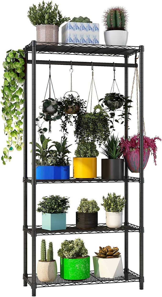 Xiofio Plant Shelf for Indoor Plants Outdoor,Metal Plant Stand,Tier Plant Stand,Adjustable Plant Shelves with Hanging Rod for Bedroom Living Room Balcony Garden,Black
