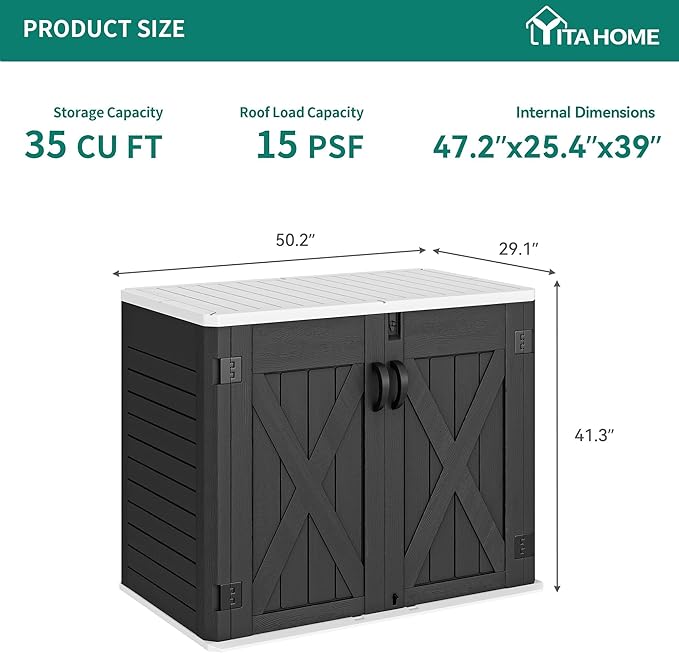 YITAHOME Outdoor Horizontal Storage Shed with X-Shaped Lockable Door, 35 Cu Ft All-Weather Resin Tool Shed w/o Shelf, Ideal for Bike, Trash Cans, Garden Tools, Lawn Mowers, Dark Gray