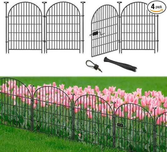 Garden Fence Border 36 in(H) x8.8 Ft(L), 4 Panels Dog Fence Outdoor for Yard, Tall Garden Animal Barrier Fence with Gate, Arched Rustproof Metal No Dig Fence, Flower Bed Fencing