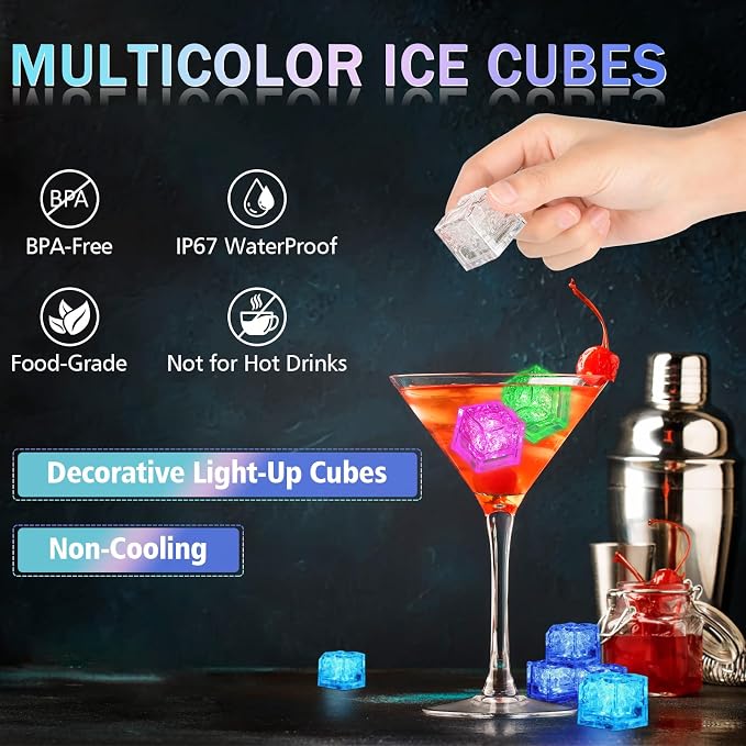40 Pack Light Up Ice Cubes for Drinks, Liquid Activated LED Ice Cubes with 5 Straws, Reusable, Food-Grade Multi-Color Glowing Ice Cubes for Bars, Clubs, Wedding, Bath Decorations