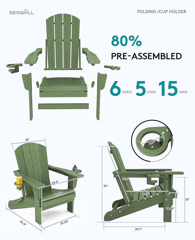 SERWALL Adirondack Chair with Cup Holders - Composite Adirondack Chairs HDPE Outdoor Chairs All Weather Use- Avocado