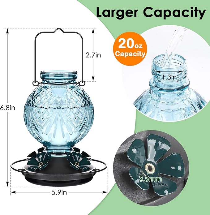 Glass Hummingbird Feeder for Outdoors Hanging, 20oz Bird Nectar Feeder with 4 Bee Guard Flower-Shaped Ports & Built-in Ant Moat, Easy to Clean, for Bird Lover,1 Pack, Blue