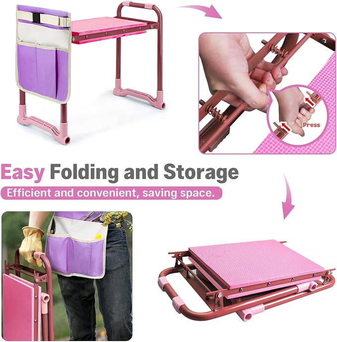 Garden Kneeler and Seat Heavy Duty, Foldable Gardening Stool Bench with Widened Thick Soft Kneeling Pad and Tool Pouches - 2-in-1 Portable Kneeling Device for Seniors (Purple)