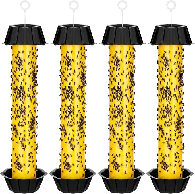 Qualirey 4 Pcs Sticky Fly Trap Fly Stick Indoor Outdoor Long Lasting Hanging Flies Bug Catcher Paper Tape Strips with Hook for Wasps Gnats Bug Insects Fruit Flies Mosquitoes (Stylish-4,Yellow)