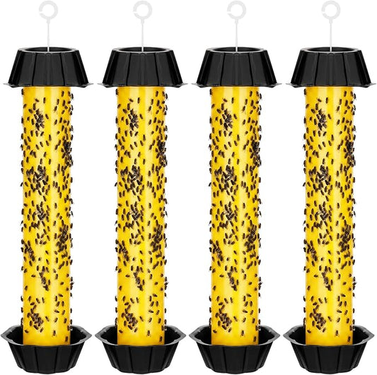 Qualirey 4 Pcs Sticky Fly Trap Fly Stick Indoor Outdoor Long Lasting Hanging Flies Bug Catcher Paper Tape Strips with Hook for Wasps Gnats Bug Insects Fruit Flies Mosquitoes (Stylish-4,Yellow)