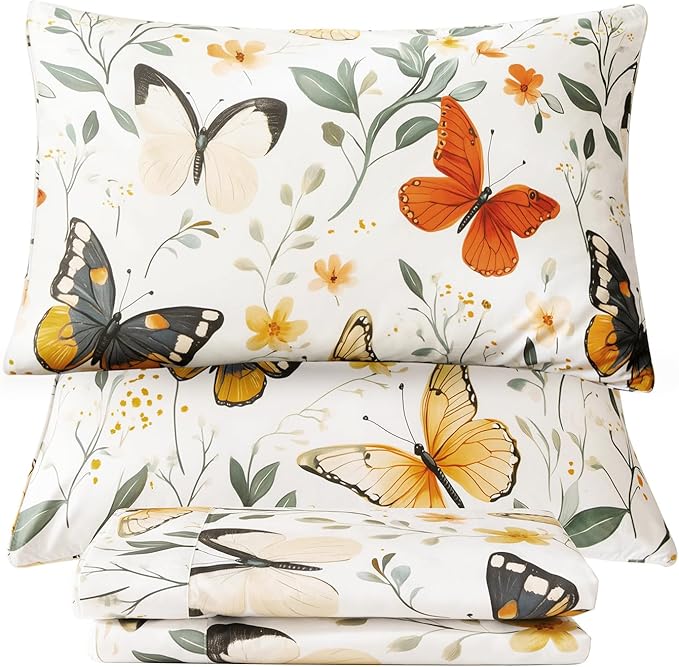 QSH Green Floral Sheets Queen Size,100% Egyptian Cotton Sheets Queen Rosemary Flowers Butterfly Botanical Pattern Printed Bedding Sheet Extra Soft and Breathable 17.5" Deep Pockets Bed Sheet 4PCs