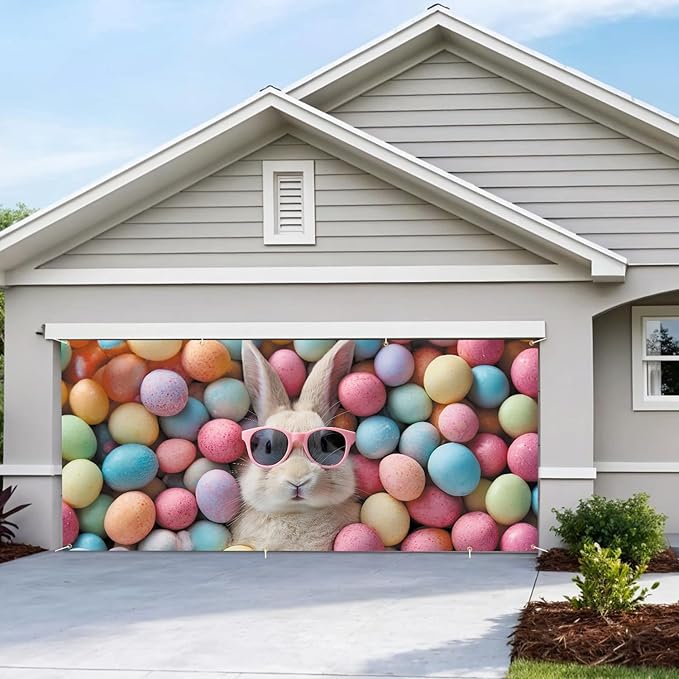 6 * 13FT Easter Bunny Garage Door Cover Decorations Easter Garage Door Banner for Outdoor Indoor Easter Party Photography Backdrop