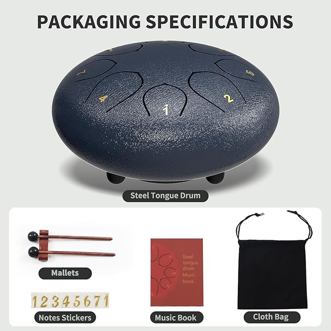 Rain Drum for Outside Garden, 6 Inches 8 Notes Steel Tongue Chakra Drums, Waterproof Echo Rain Chime Meditation Drums, Musical Instruments for Adult Gift with Bag, Music Book, Drum Mallets (Navy Blue)