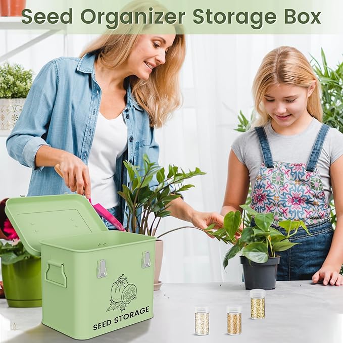 Seed Storage Organizer Box, Metal Seed Box, Garden Seed Organizer with Lid, Seed Containers Storage with 3 Compartments, 30 Seed Holder Organizers, 50pcs Seed Envelopes (Green)