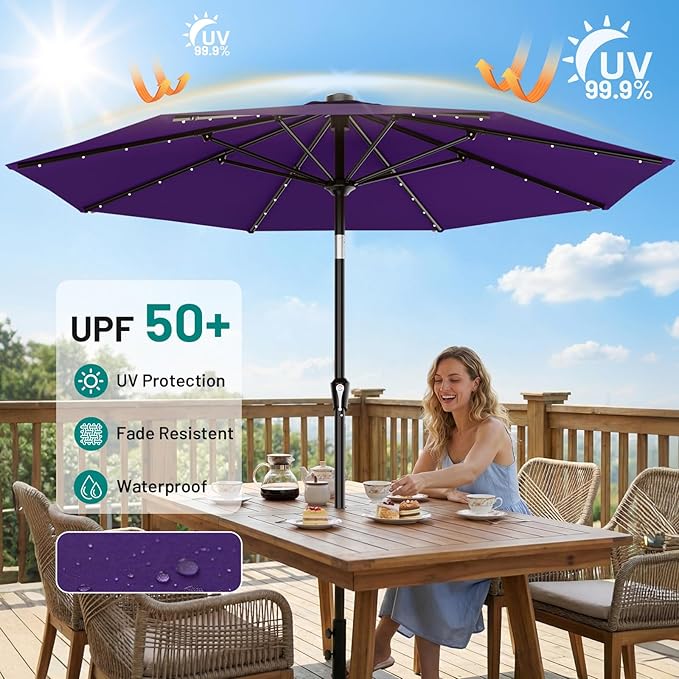AreShark 9FT Patio Umbrella with Solar Lights, 32 Lighted Pool Umbrella w/Tilt and Crank, Outdoor Market Solar Umbrellas for Garden, Deck, Backyard, Pool and Beach, Purple