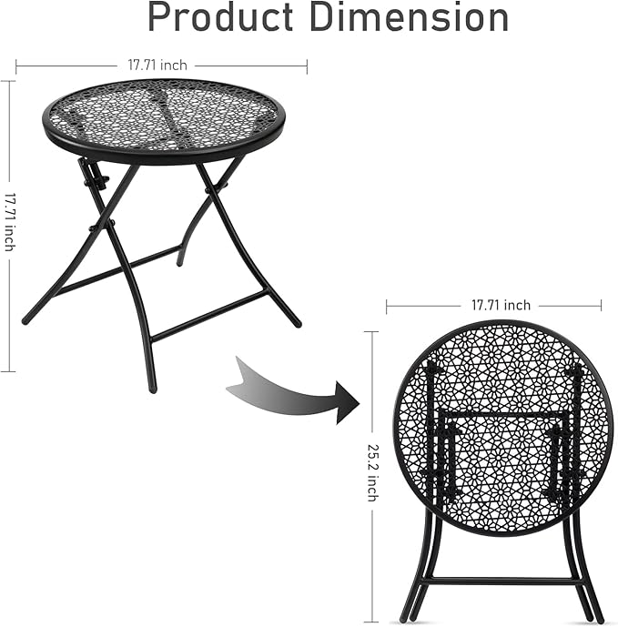 TeoKJ Folding Small Outdoor Side Tables, Anti Rust Small Patio Table Round Metal Nightstand with Flower Cutouts for Porch Yard Balcony Deck Lawn, Black