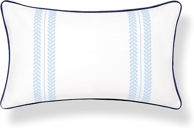 Hofdeco Premium Coastal Hampton Patio Indoor Outdoor Lumbar Pillow Cover Only, 12"x20" Water Repellent for Backyard, Couch, Poolside, Baby Blue Navy Print Leaf Striped